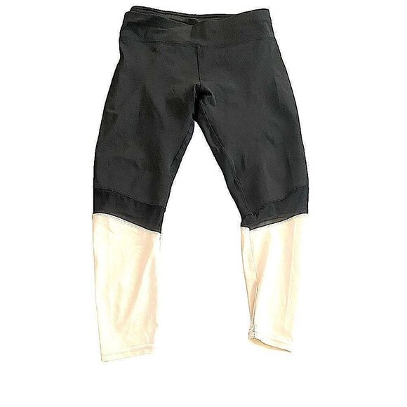 Black white & mesh color block leggings. Stripe of black mesh at the knee. XL - Picture 1 of 3